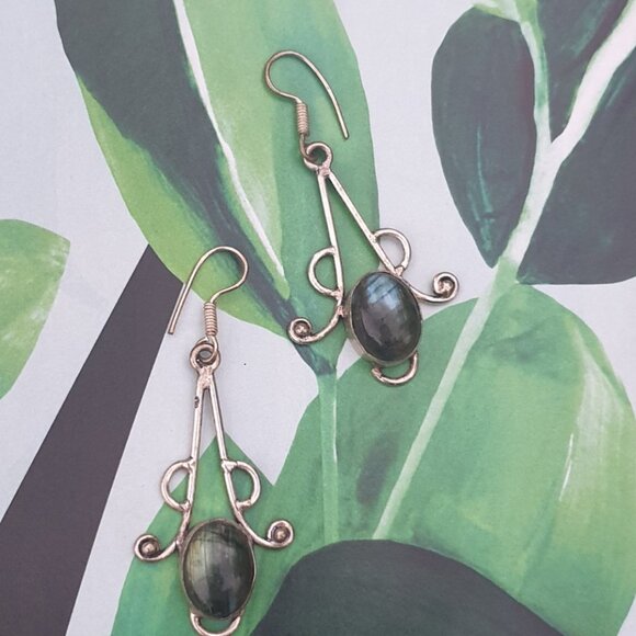 Green Tigers Eye Indian Silver Dangle Earrings Women Bohemian Women Jewelry - Picture 4 of 4